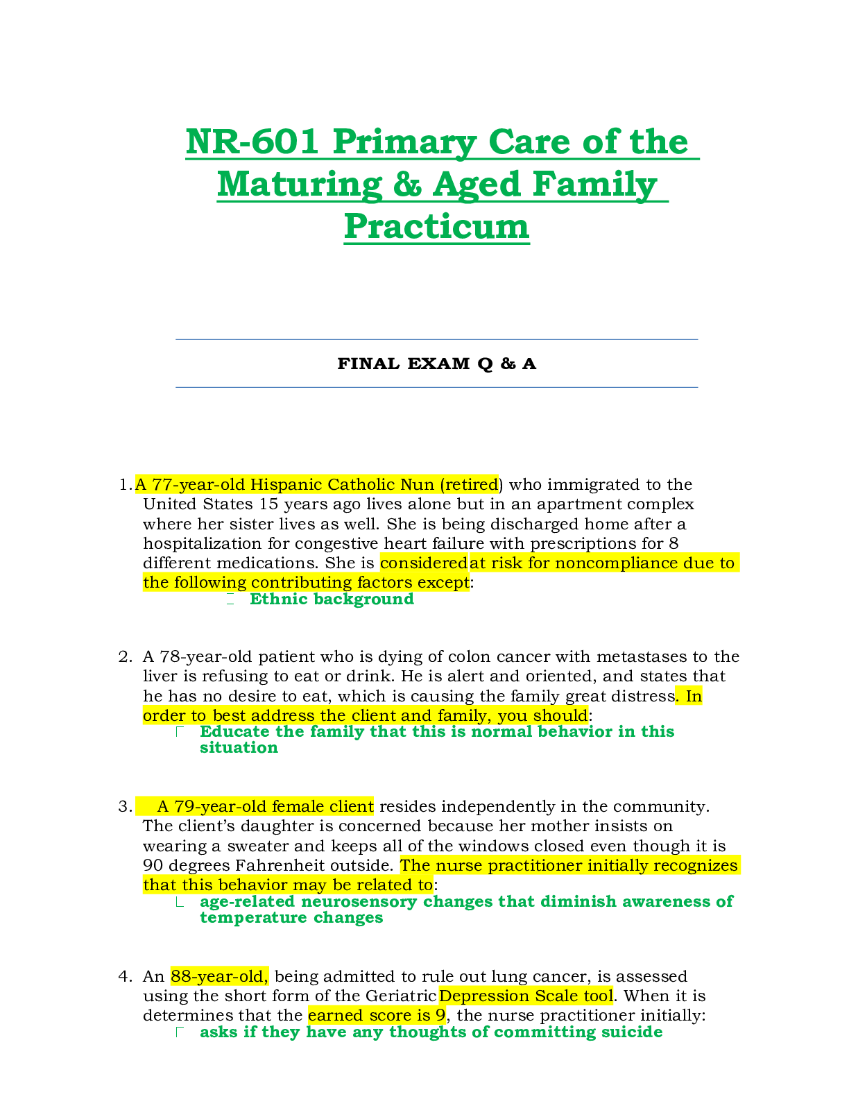 Preview image for NR601 / NR-601 FINAL EXAM Q & A (Latest): Primary Care of the Maturing & Aged Family Practicum - Chamberlain